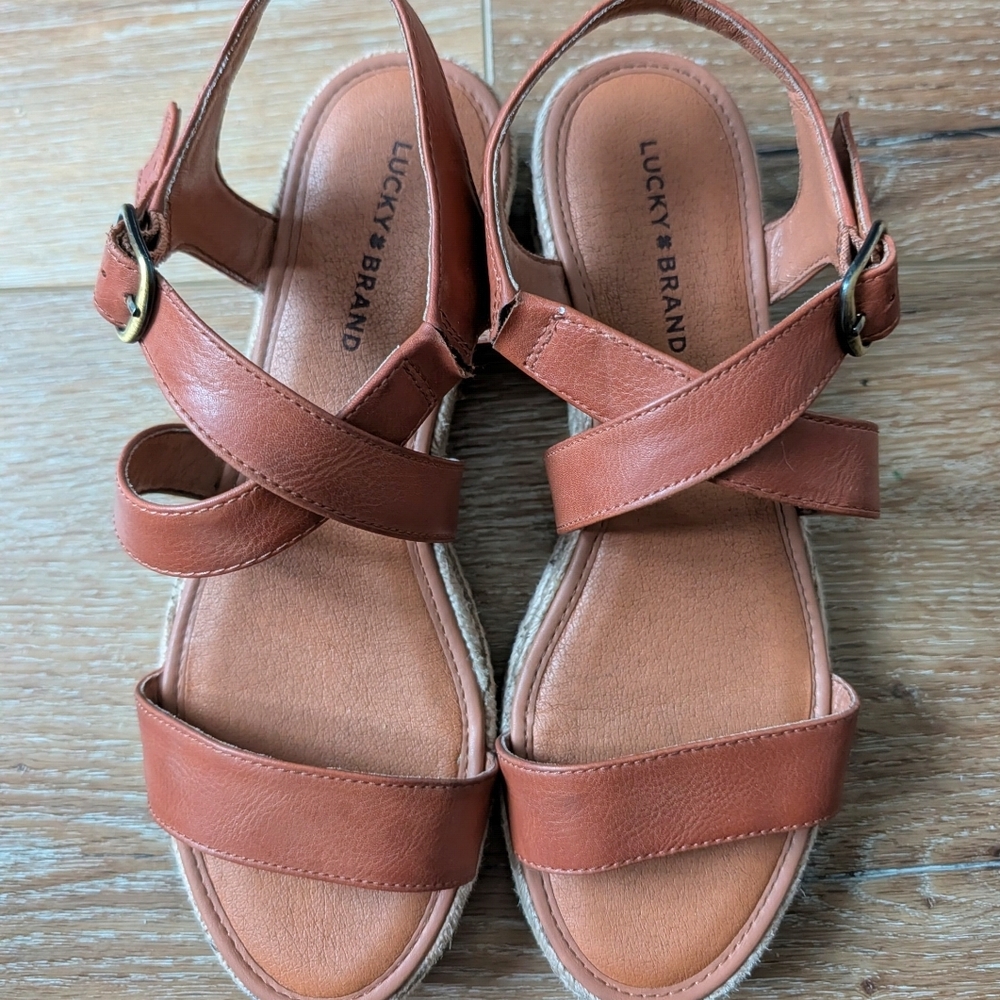 Lucky Brand Cognac Leather Cross-Strap Sandals